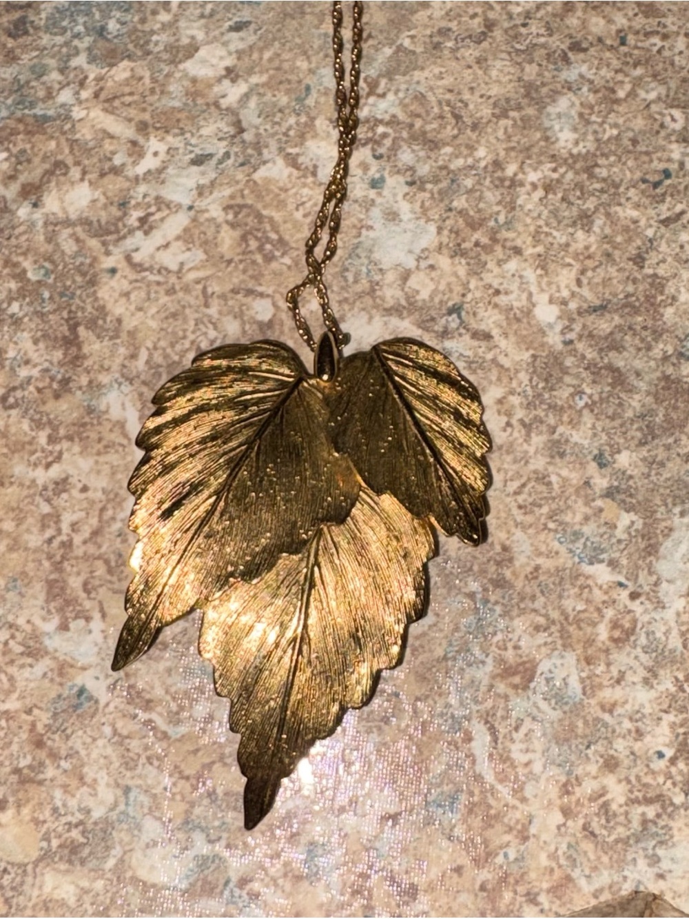 Vintage Trifari Gold Tone Three Stacked Leaf Necklace With Chain.